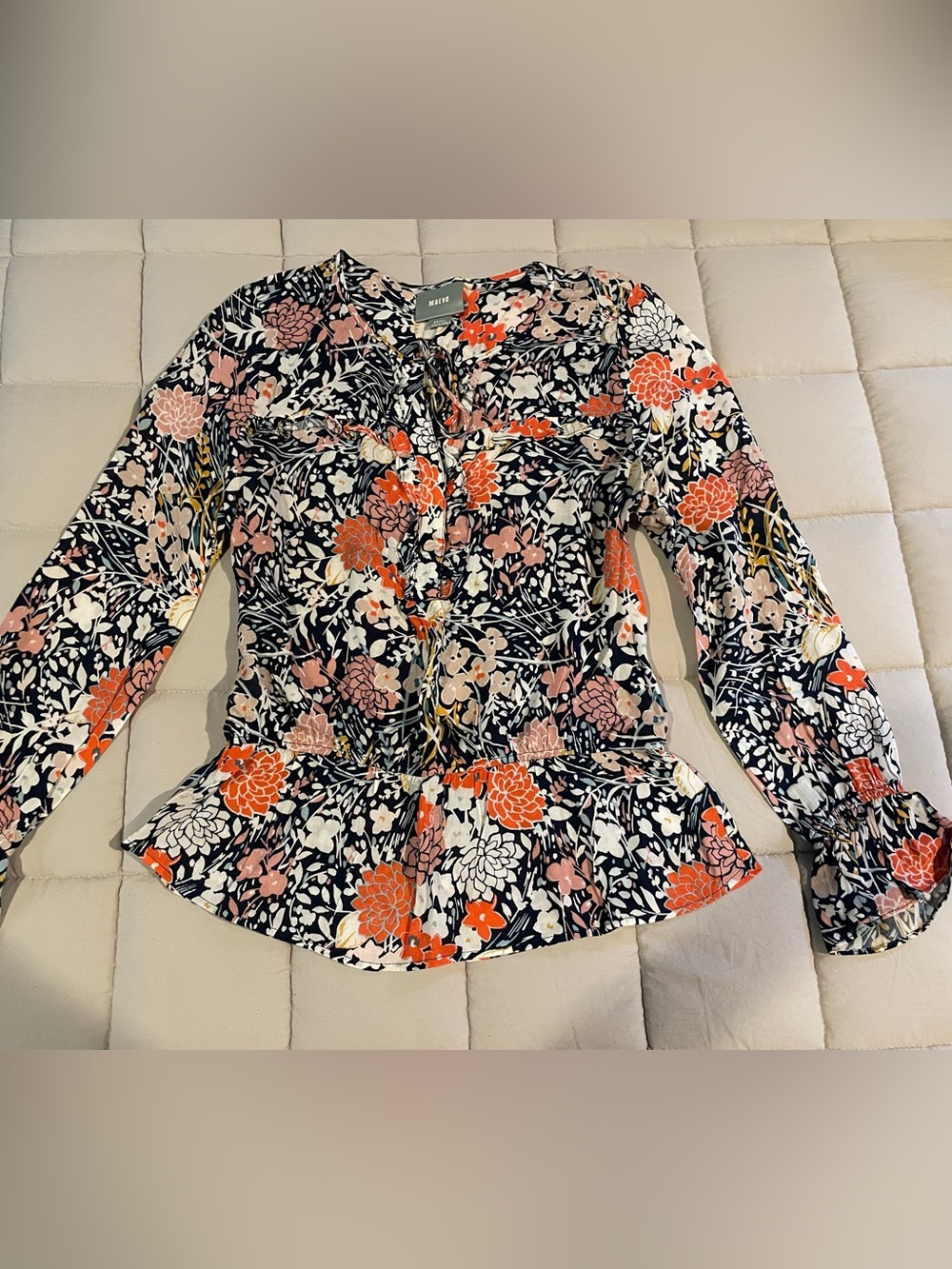 Maeve Navy Floral Tie-Front Peplum Top with Coral & Blush Accents